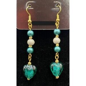 Handmade Aqua Glass Heart Cream Aqua Faux Pearl Gold Tone Earrings by Neanie-Bot